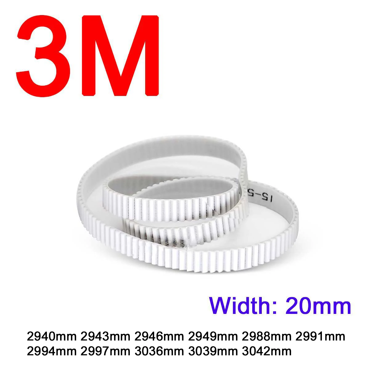 

1Pc Width 20mm 3M White Polyurethane PU Tooth Timing Belt Pitch Length 2940 2943 2946 2949 2988 2991 2994 2997 3036 3039 3042mm