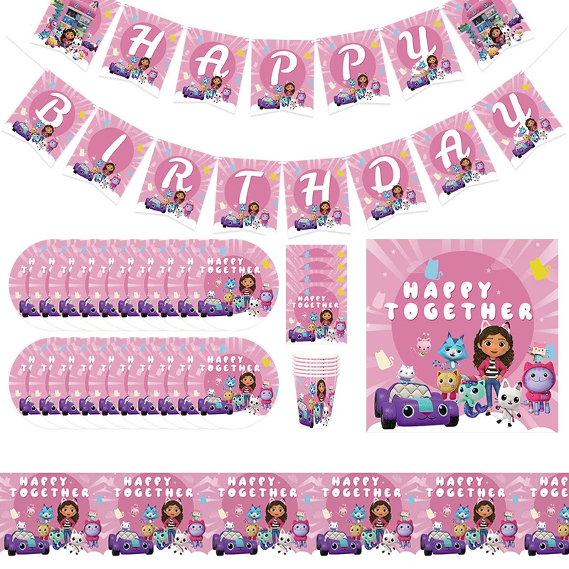 

56pcs/lot Pink Gabby Girl Theme Hanging Banner Tablecloth Happy Birthday Party Plates Cups Decoration Baby Shower Napkins Towels