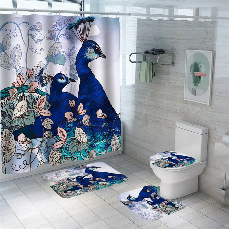 

Peacock Waterproof Bath Curtain 3D Print Bath Mat Set Polyester High Quality Carpets Eco-Friendly Toilet Rugs Bathroom Decor