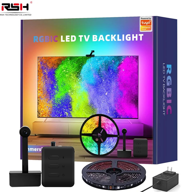 

Tuya New Immersion Smart TV Backlight With Camera RGBIC LED Ambient Backlight With Alexa TV PC Rhythm Lighting Smart App Control