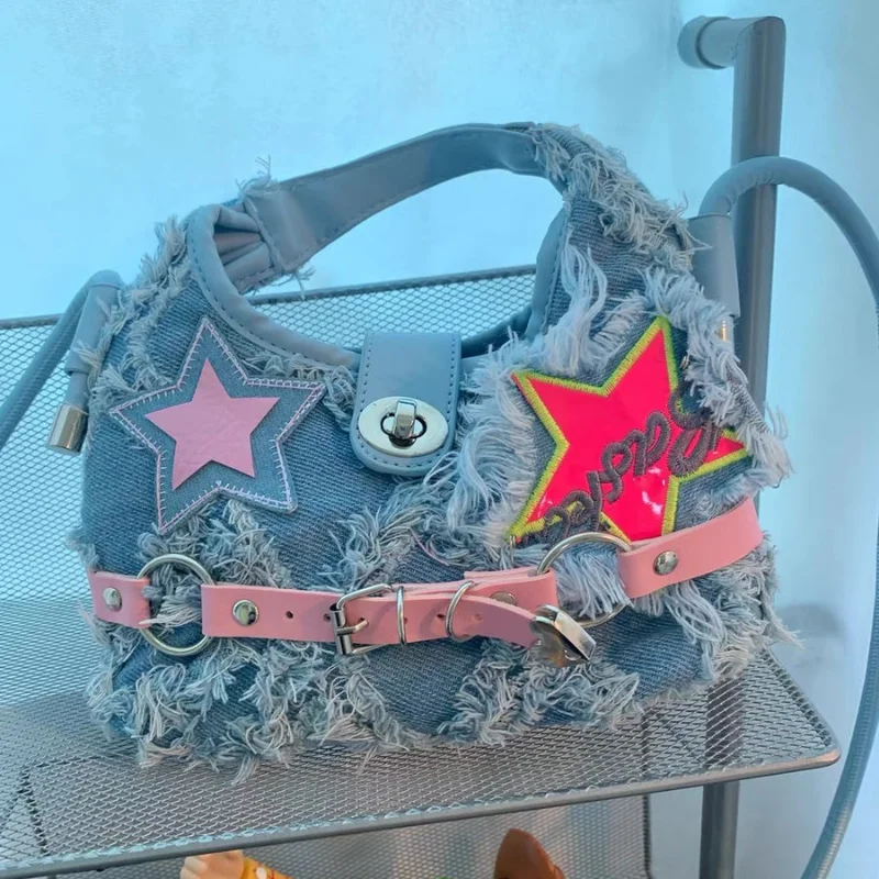 

MBTI Y2k Denim Handbags for Women 2023 Trend Aesthetic Brand Shoulder Bag Pentagram Patch Raw Edge Female Designer Luxury Bag