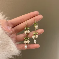 white lily of the valley flower aesthetic long dangle woman earring retro pearl tassel luxury woman jewelry korean drop earrings