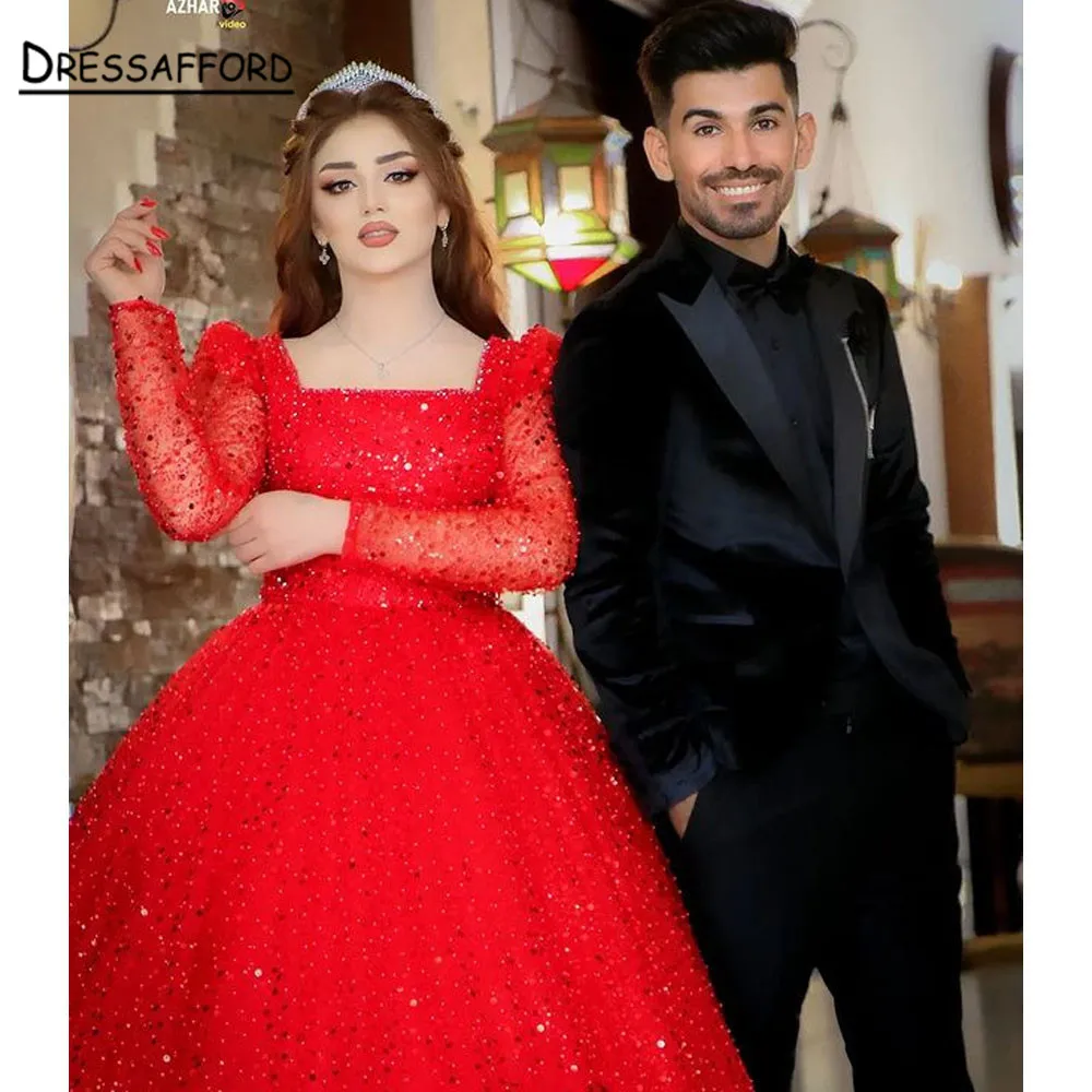 

Красные блестящие свадебные платья, бальное платье принцессы, пышные длинные пижамы 2023, свадебные платья Дубая с квадратным вырезом и жемчугом, Королевский стиль