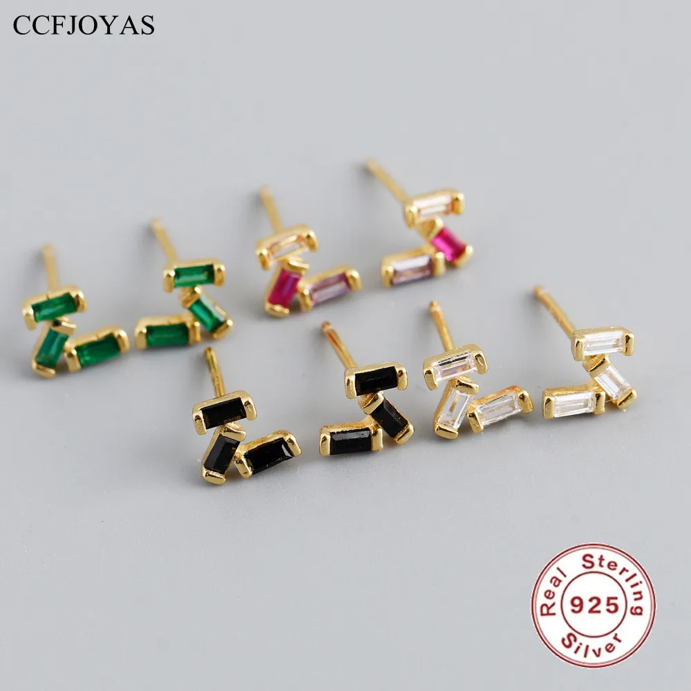 

CCFJOYAS 925 Sterling Silver Mini Colorful Rectangle Zircon Stud Earrings for Women Simple INS CZ Piercing Earrings Fine Jewelry