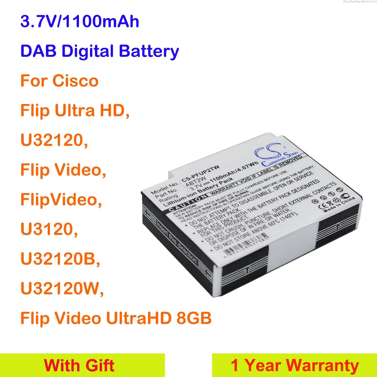 

1100mAh Battery ABT2W for Cisco Flip Ultra HD, Flip Video, Flip Video UltraHD 8GB, U3120, U32120, U32120B, U32120W