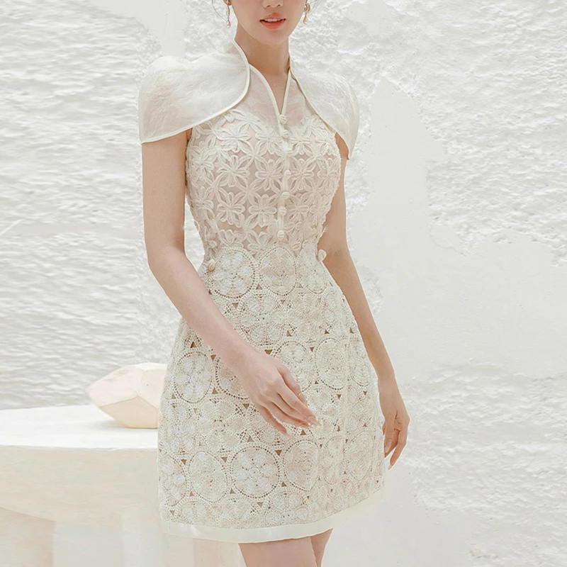 Apricot Lace Women's Dress 2023 Summer High Waisted Hook Flower Hollow Bodycon Dress Short Sleeve Elegant Vintage Vestido