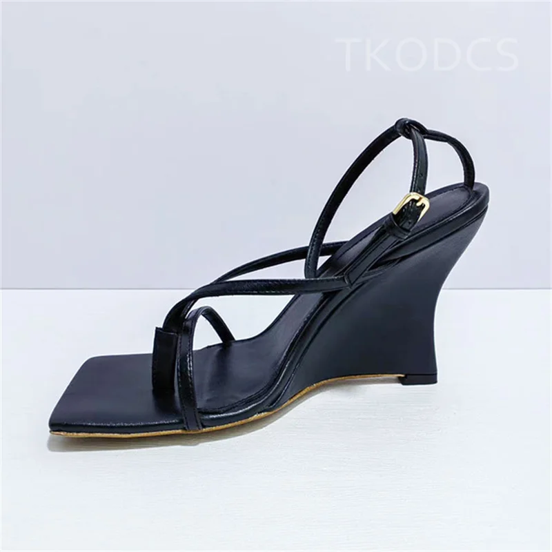 

Genuine Leather Sandals Runway Wedges High Heels Women Narrow Band Ankle Strap Split Toe Sandalias Summer Sexy Dress Party Shoes