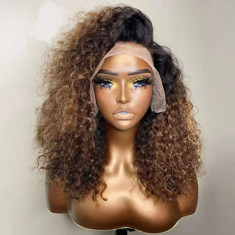 

180Density Soft 26Inch Long Kinky Cruly Ombre Blonde Lace Front Wig for Black Women BabyHair Glueless Preplucked Synthetic Daily
