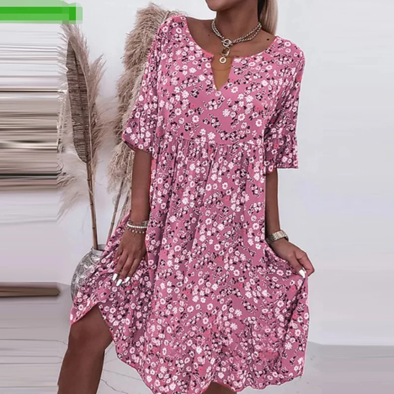 

Spring Summer Floral Print Pleated Mid Dress Chic Half Sleeve Bohe Beach Dresses Fashion Loose Women V-neck A-line Dress 2023