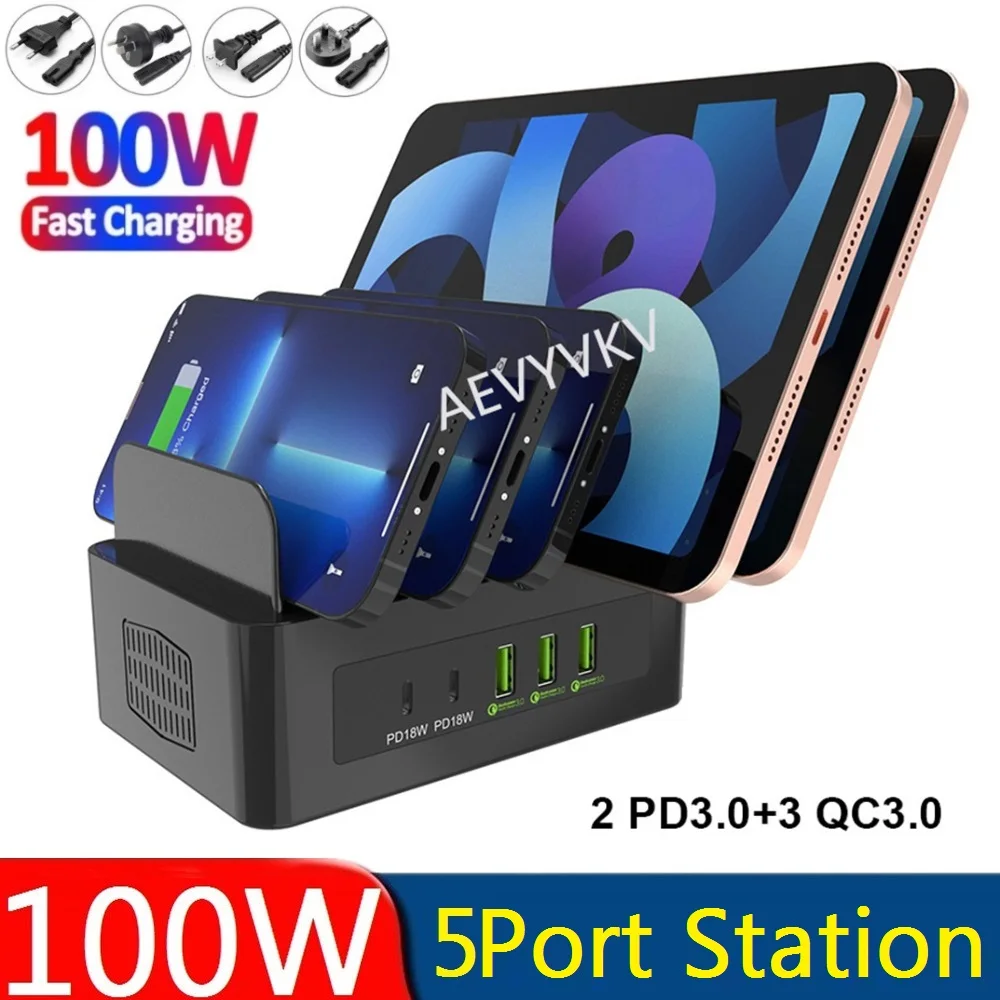 

100W 5 Port USB PD Fast Charging Station Multiple Ports HUB Dock Desktop Phone Power Adapters For iPhone 13 14 ipad samsung