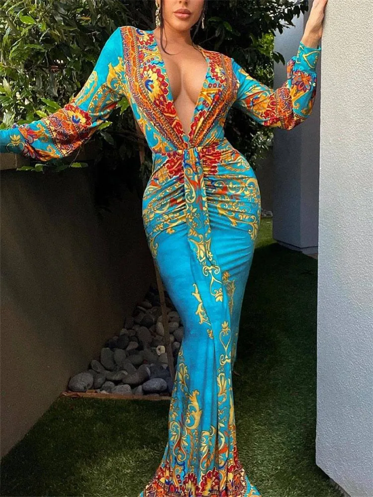 

Dress For Women 2022 Autumn Casual Baroque Print Deep V-Neck Ruched Party Dress Vestidos De Mujer Elegant Boho Maxi Robe Female