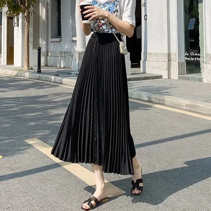 

Summer Korean Vintage Solid Folds Chiffon Boho Skirt High Waist Elastic Elegant Chic A-Line Mini Skirts Long Skirt for Student