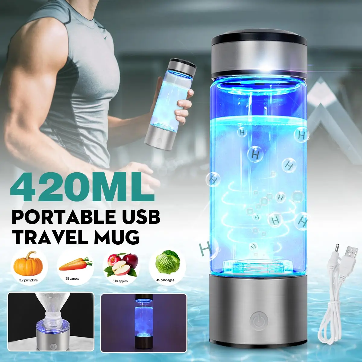 

420Ml Draagbare Water Ionisator Fles Oplaadbare Negatieve Ionen Water Cup Hydrogens-Rijke Water Cup Water Generator alkaline