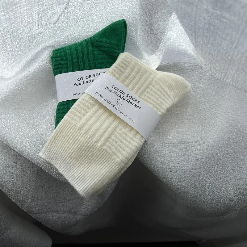 Thick Winter Pattern Knitted Green Crew Socks for Women Cotton Solid Knee High Striped Ankle Socks 5 Pairs/ Lot