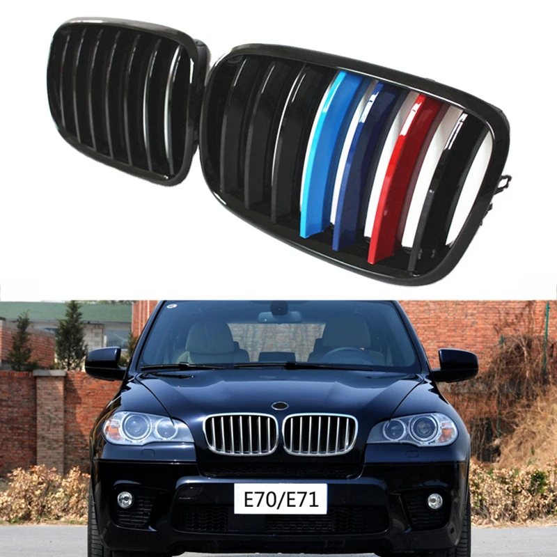 A Pair Gloss Black M Color Single Slat Kidney Grill Grille Front Bumper Grill For BMW E70 E71 E72 X5 X6 2007-2013 Racing Grill