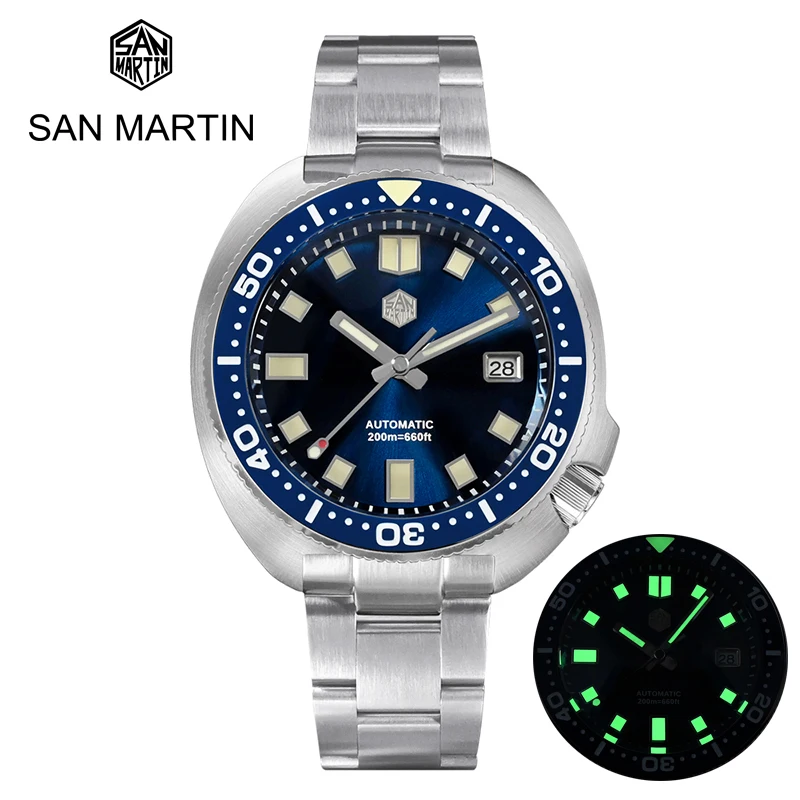 

San Martin Men's New Turtle Diver Watch 44mm Blue Dial Sapphire Ceramic Bezel NH35 Automatic Movement 200m Water Resistant Lume