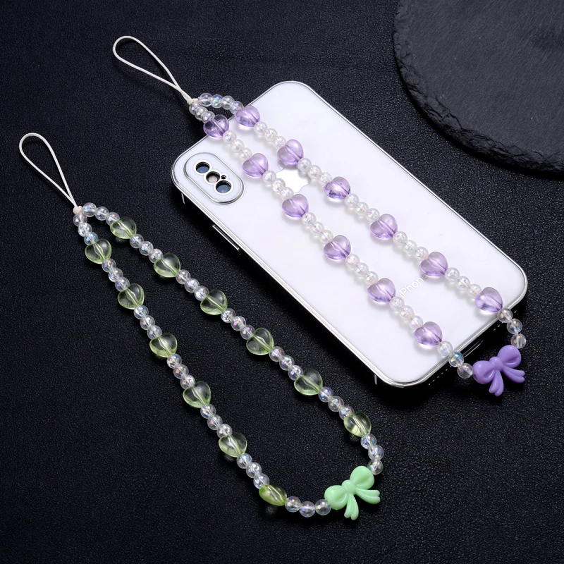 

Transparent 3Color Acrylic Round Beads Phone Chain Anti-Lost Sweet Bow Tie Cellphone Chains Lanyard Women Fashion Accessories
