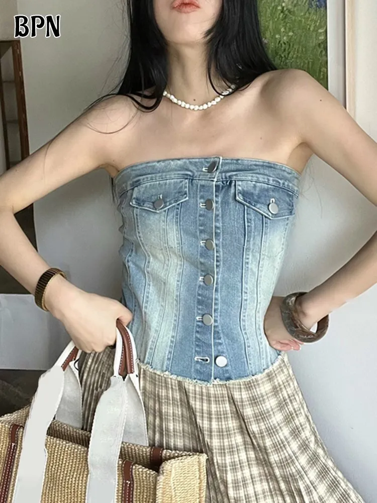 

BPN Soild Denim Tank Top For Women Slash Neck Sleeveless Off Shoulder Spliced Single Breasted Slim Strapless Tops Female Fashion