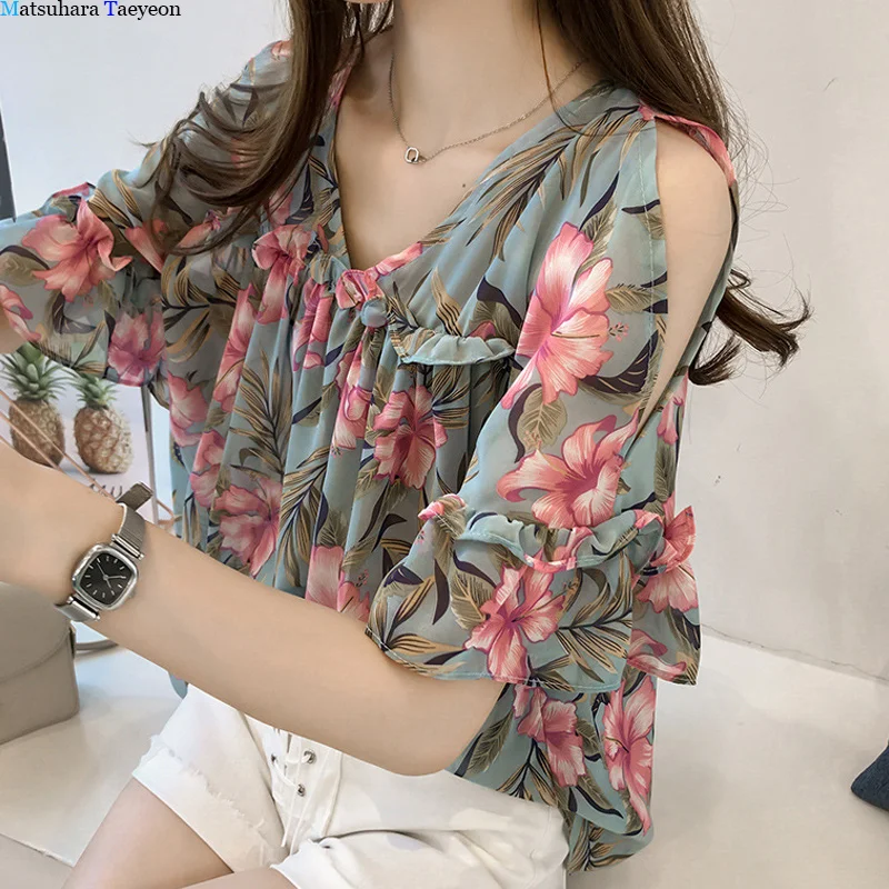 

Women's Tops Flower Printed Chiffon Shirt Was Thin Beach Half Sleeves Blouse Women Flared Sleeve Chiffon Women Tops Shirt