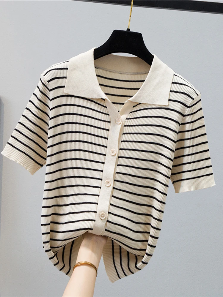 

Tee Shirt Femme Striped Knitted Cardigan T Shirt Women Short Sleeve Summer Tops Korean Style T-Shirts Womens Clothes Camisetas