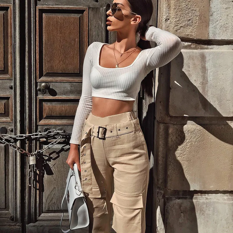 

2021 Chic Punk Bandage Straight-leg Tooling Women's Pants High-waist Hip-hop Sweatpants Women's Streetwear Autumn New Trousers