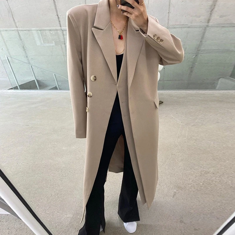 

Korean Chic Autumn Winter Suit Collar Double Placket Design Loose Knee Length Black Suit Coat Women Fashion 2022 16E4543