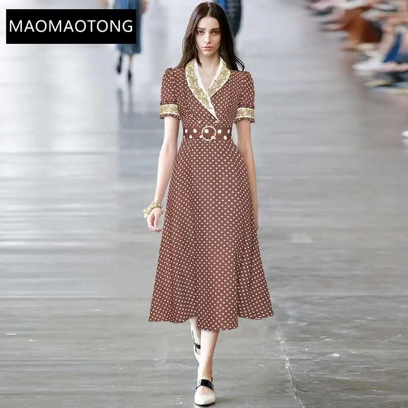 

Fashion Designer Dress Summer Women's Dress Gold Line Embroidery Turn-down Collar Dots Vintage Lace-up Slim Dresses