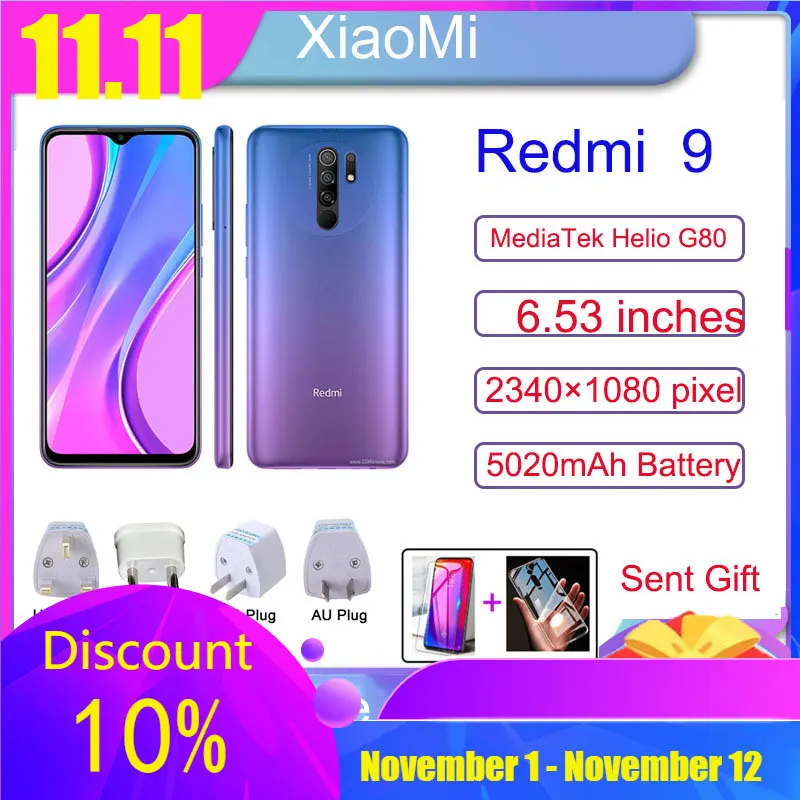 

Xiaomi Redmi 9 Smartphone celular 4GB RAM 128GB ROM Mediatek Helio G80 5020mAh cellphone