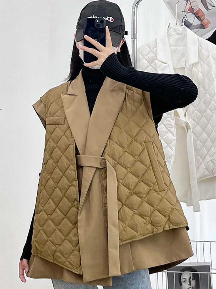 

FTLZZ зимнее женское пальто на белом утином пуху, повседневный женский жилет без рукавов, пуховое пальто, женская куртка с отложным воротником и поясом