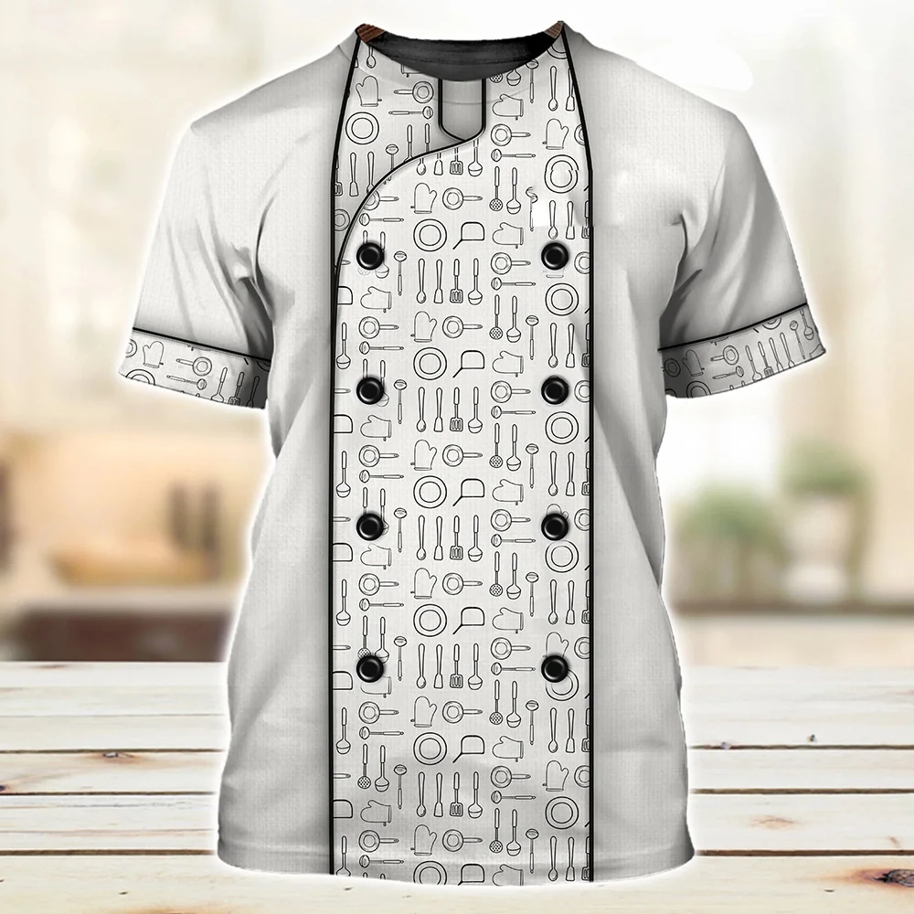 

Летняя Женская рабочая одежда для шеф-повара, футболки, женская футболка с круглым вырезом и узором кухонной утвари, свободная одежда унисекс, топы с коротким рукавом