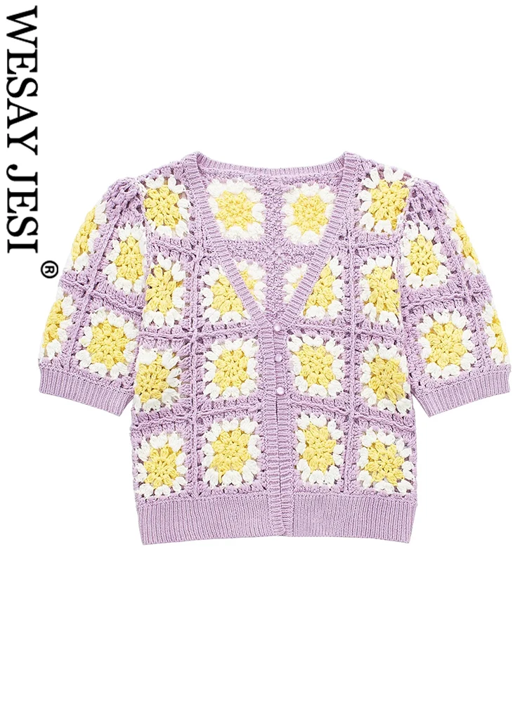 

WESAY JESI милый цветочный толстый вязаный фиолетовый женский свитер кардиган элегантный короткий крой с коротким рукавом однобортный женский ...