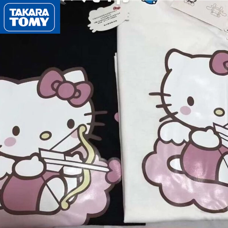 

TAKARA TOMYKT Summer Sweet Girl Hello Kitty Cute Girlfriends Short-sleeved Loose White Simple Sweet T-shirt Half-sleeve