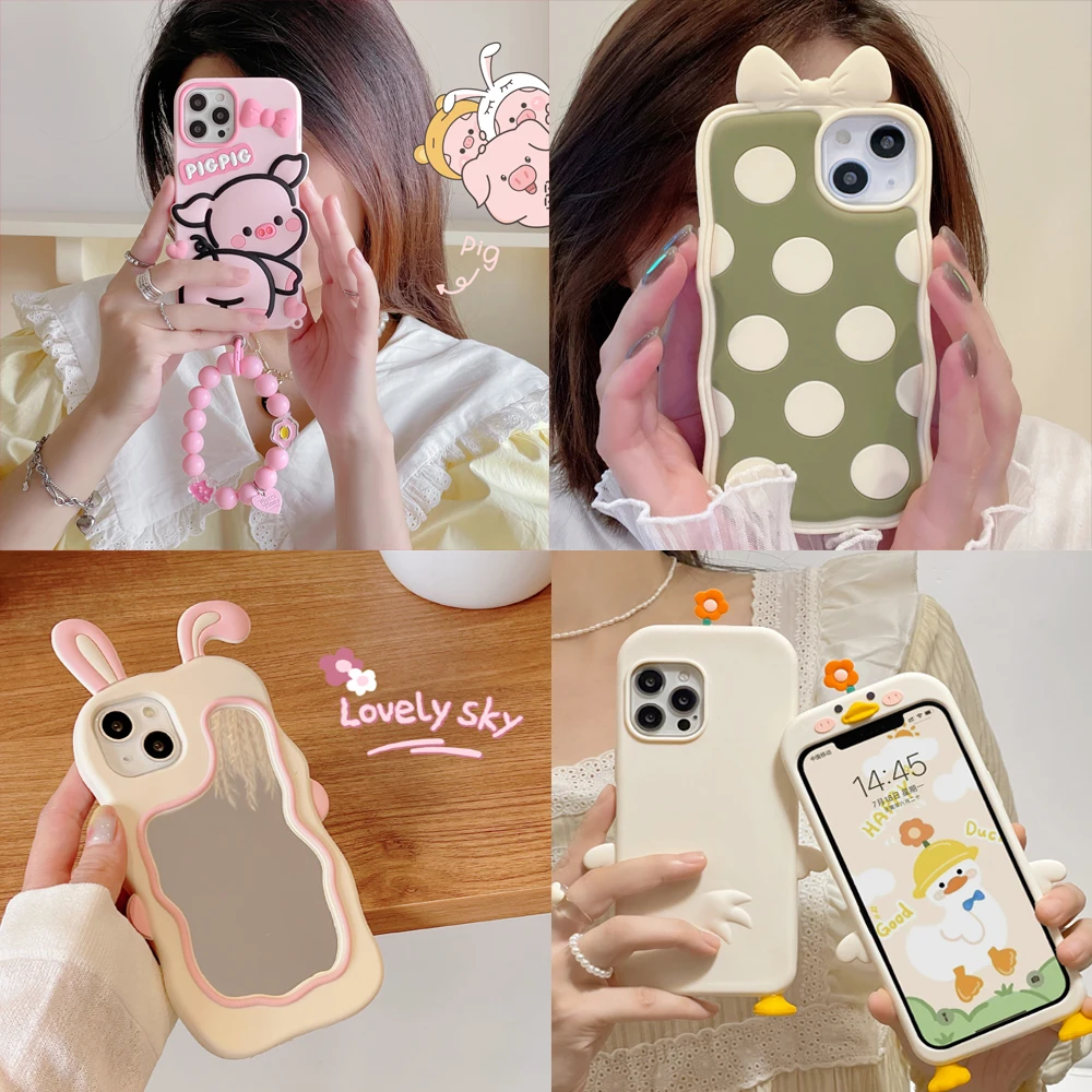 

Cute mirror Phone Case For Iphone 14 Pro Max 11 12 7 8 Plus X XS 13 Max XR Cartoon Animal Soft Case Cover