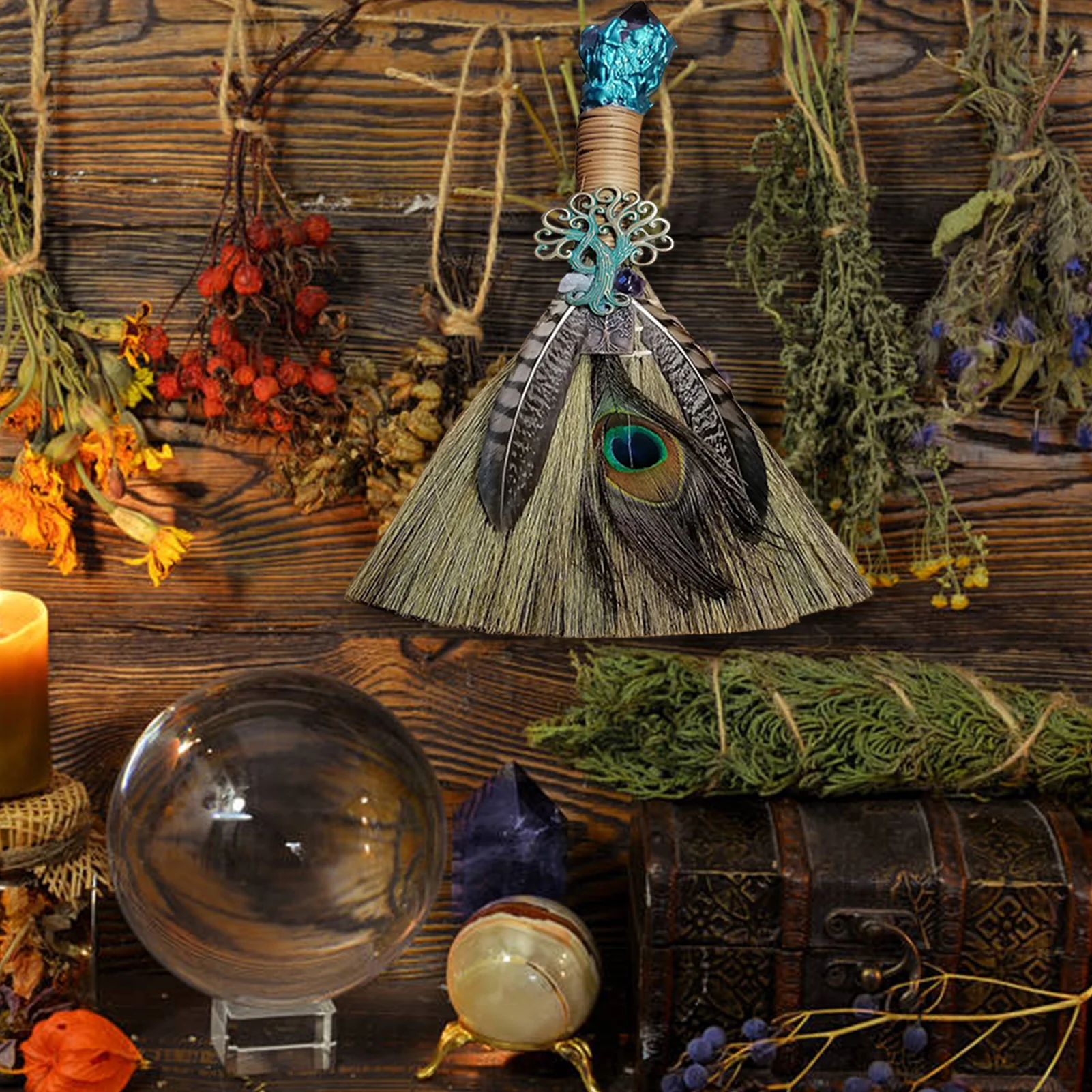 Ведьмы алтарь метла ведьма мискантус Besom украшенная аметистом кристаллом