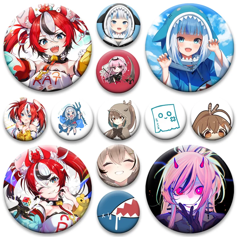 Фото Значки с персонажами аниме Mori Calliope, Takanashi Kiara, Nanashi Mumei, Hakos Baelz, Gawr Gura, круглые мультяшные броши-значки для отложного воротника №1