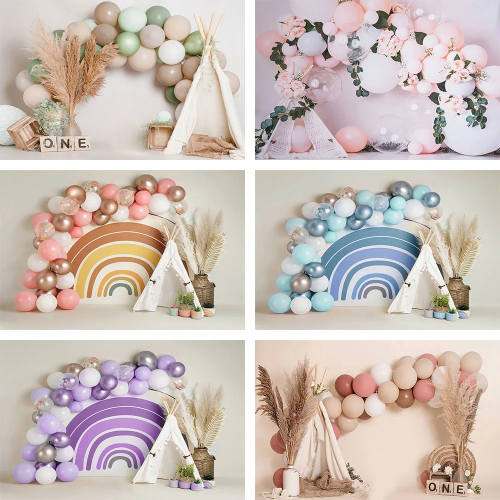 

Фон в стиле бохо с изображением радуги торта разбитого воздушных шаров палатки мальчика девочки на 1-й День рождения фотозона декор Фотогра...