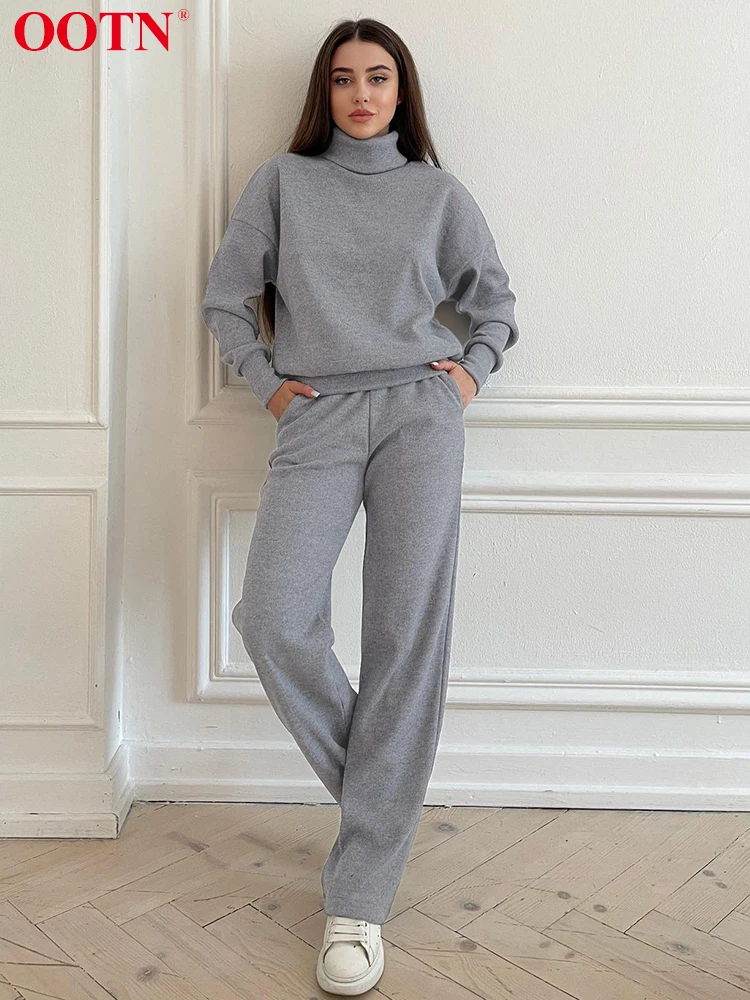 

OOTN Knitted Casual Tracksuits Autumn Winter High Waist Pants Turtleneck Tops Two Piece Sets Warm Straight Trousers Suits 2022