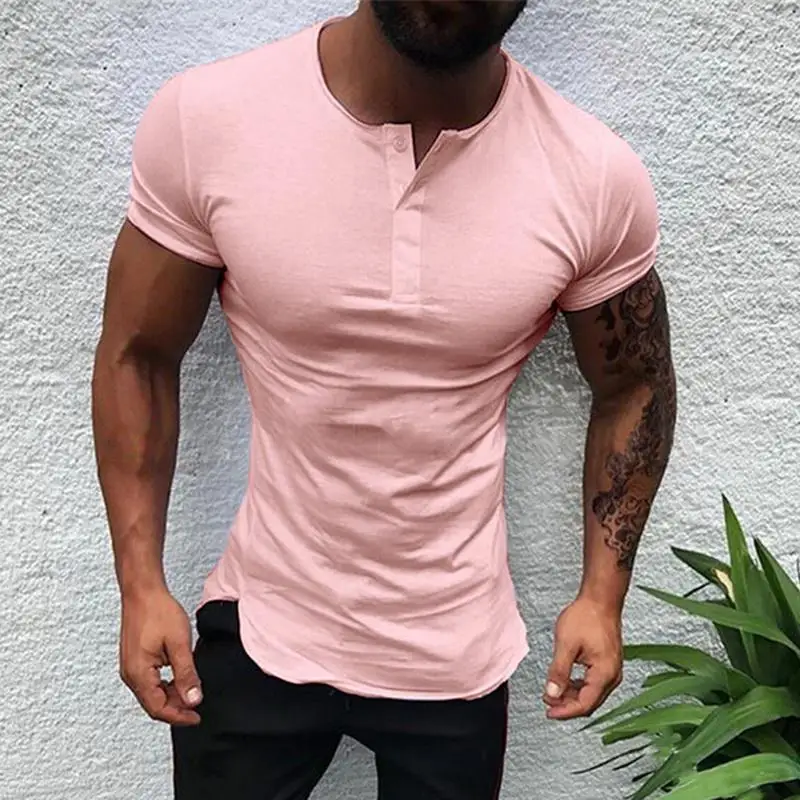 

B2652 Stylish Solid Color Tee Tops Men T Shirt Short Sleeve Bodybuilding Tees Male Clothes Fitness Fashion Round Neck Casual