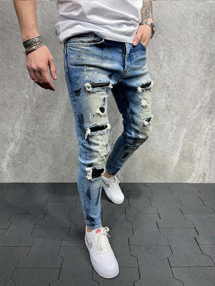 2022 New Ripped Jeans Hip Hop Denim Men trousers Trend Destroyed black slim-fit feet pants Men's paint jeans