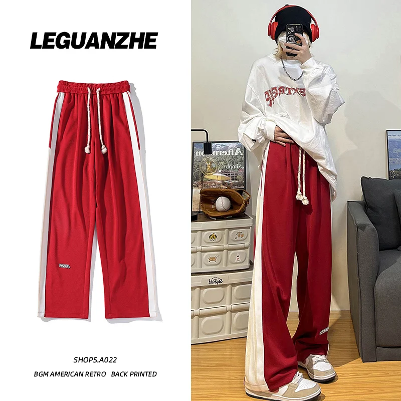 

Red Wide-leg Pants Men Women's Students Loose Autumn New High-waisted Straight Side White Striped All-match Trend Sportpants 5XL