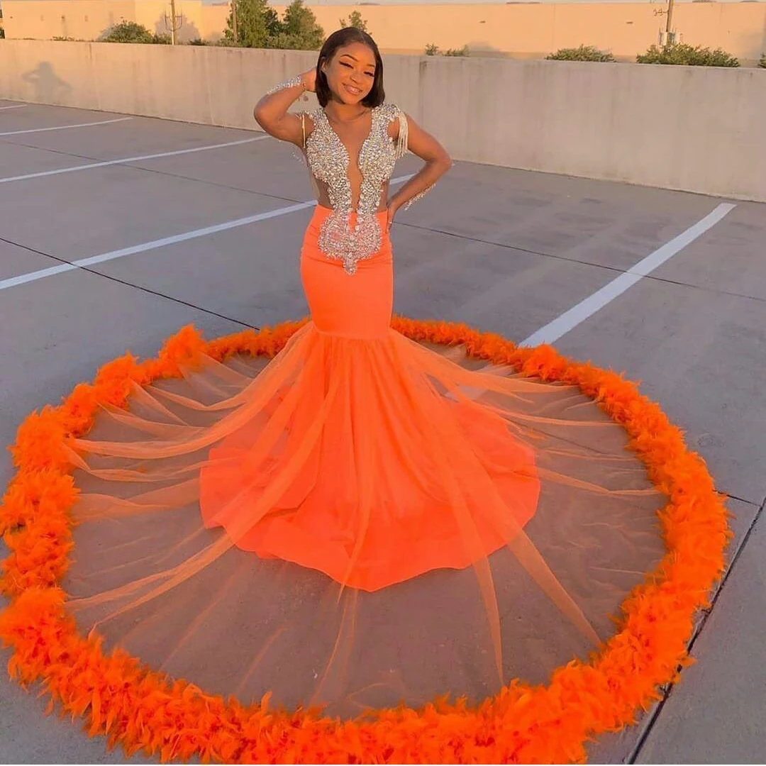 Orange Mermaid Luxury Feathers Prom Dresses Sequins Appliques Tassel  African Women Plus Size Evening Party Gowns Custom Made