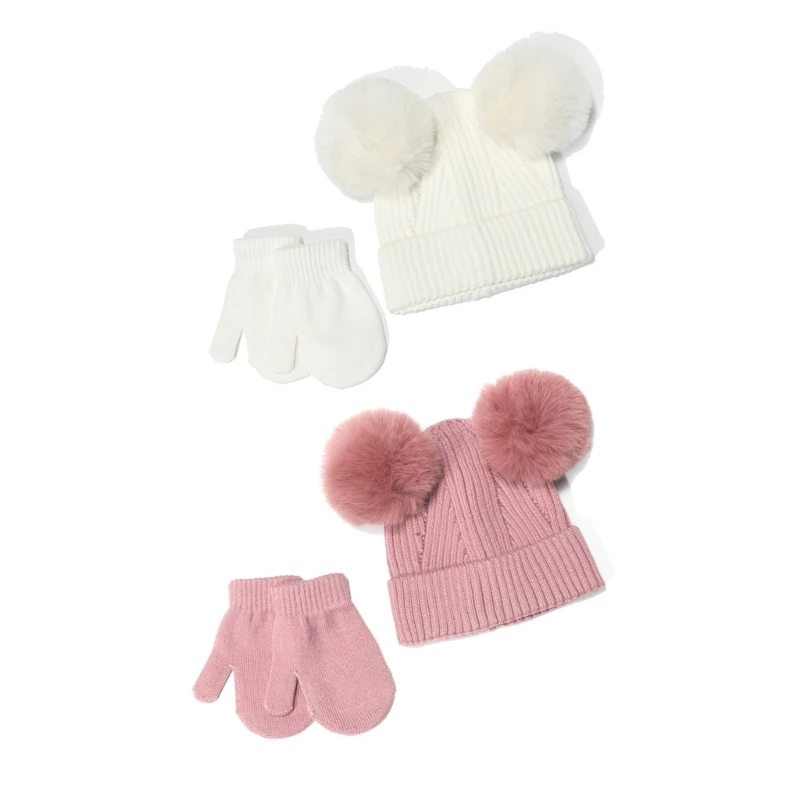 

L21F Baby Weaving Hat Knit Winter Hat Ski Mittens Breathable Boy Girl Winter Hat Solid Color Headdress Windproof Gloves
