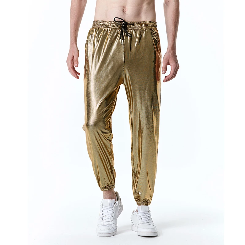 

Glossy Gold Metallic Jogger Men Hip Hop Pants Steampunk Nightclub Pantalon Homme Mens Disco Party Stage Trousers Loose Y2K