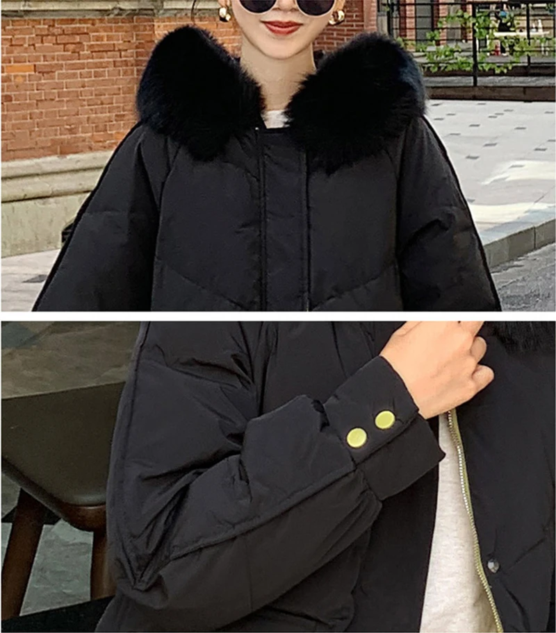Contrast Color Big Fur Collar Down Cotton Coats Women's Winter Korean Long Fashion Slim Thick Warm Padded Jacket Female Clothing