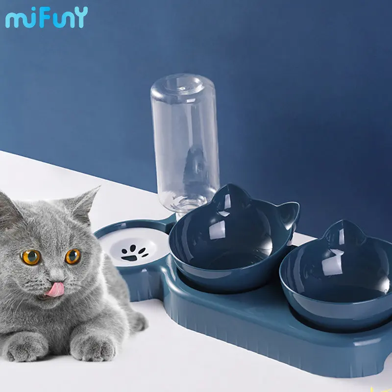 

Mifuny Pet Food Bowl Automatic Cat Feeders Water Fountain Double Bowls Drinking Upset Proof Raised Stand Dish Basin Pet Supplies