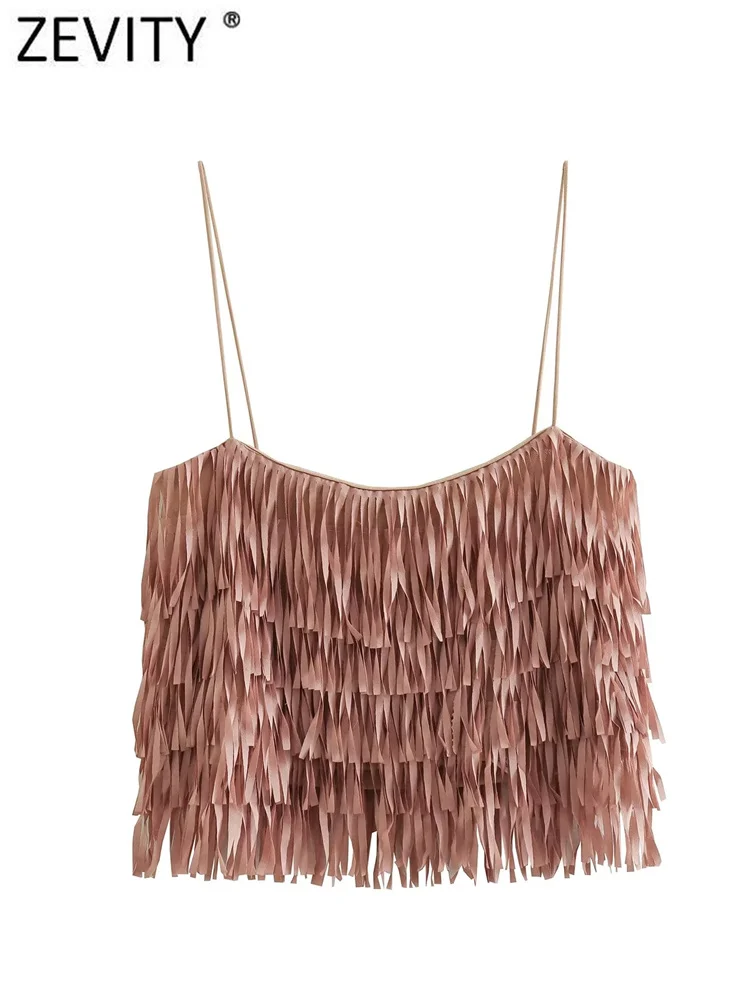 

Новинка от Zevity, Женская Сексуальная Блузка на тонких бретельках с каскадными кисточками, женские короткие блузки в стиле High Street, шикарные укороченные топы LS4059