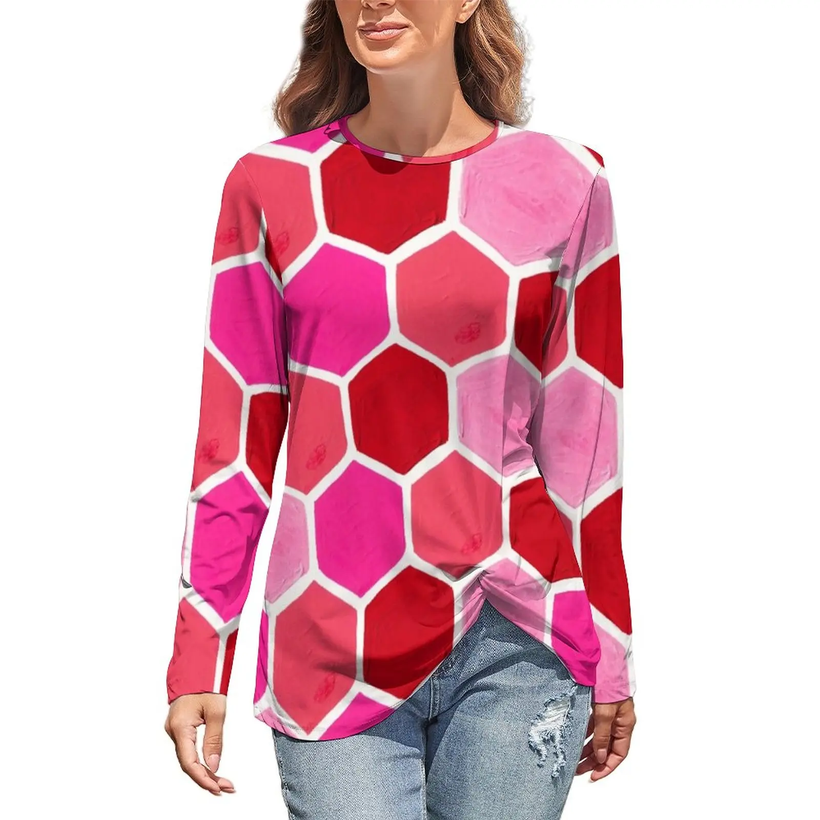 Pink Retro Mod T-Shirt Hexagon Honeycomb Casual Long Sleeve T Shirts Graphic Elegant Tshirt Female Oversized Tops