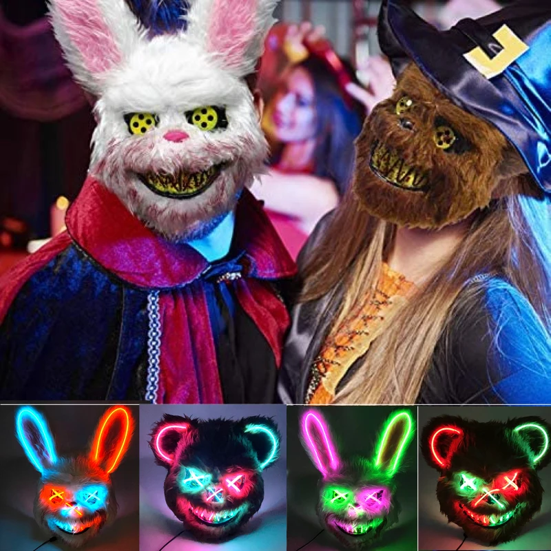

Hot LED Glowing Cosplay Bunny Bear Face Mask Scary Bloody Killer Mask Neon Horror Rabbit Mask Halloween Masque Party Supplies