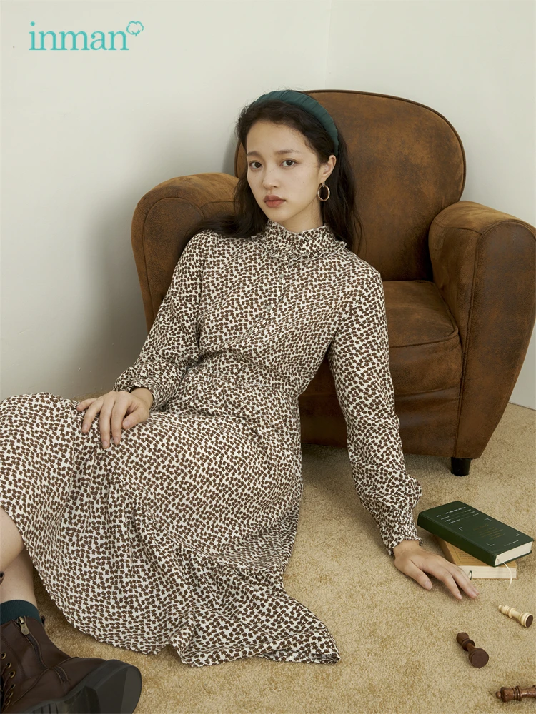 Женское платье INMAN весеннее винтажное для женщин с деревянными ушками стоячим