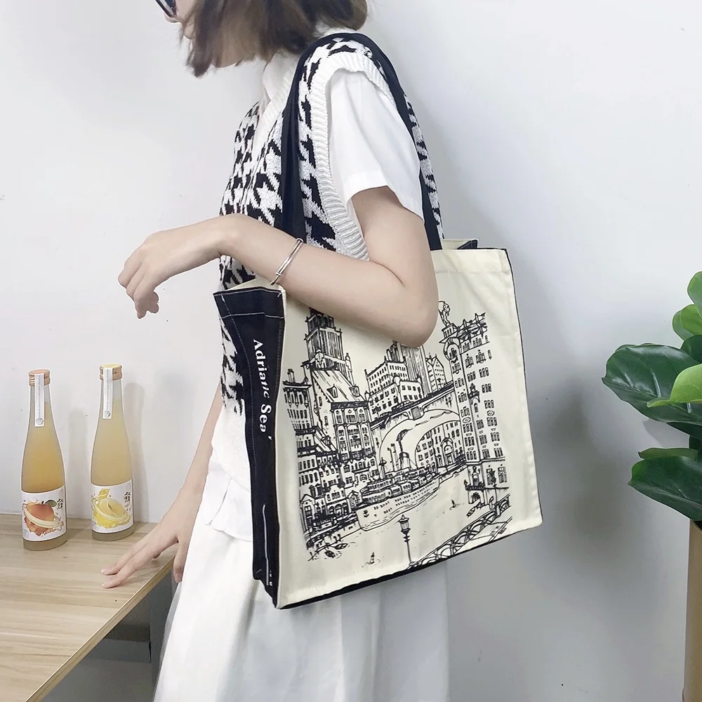 

Women Canvas Shoulder Bag Venice Print Ladies Shopping Bags Cotton Cloth Fabric Grocery Handbags Tote Books Bag For College Girl